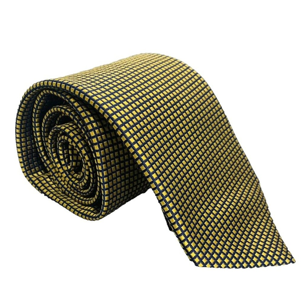 Cremieux Collection Gold Blue Geometric Silk Tie Handmade in USA  59"x3.25"